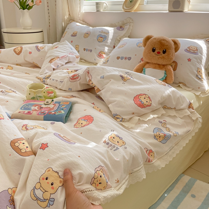 91家纺网 家纺一手货源 找家纺 玉海棠家纺 2025新款云感双层纱花边四件套 花边-小熊蛋糕