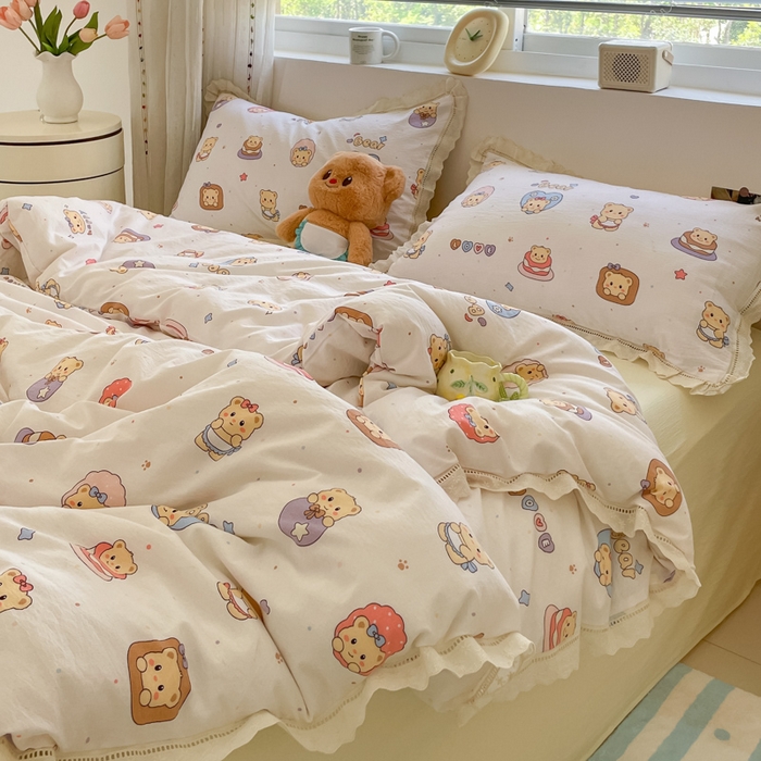 91家纺网 家纺一手货源 找家纺 玉海棠家纺 2025新款云感双层纱花边四件套 花边-小熊蛋糕