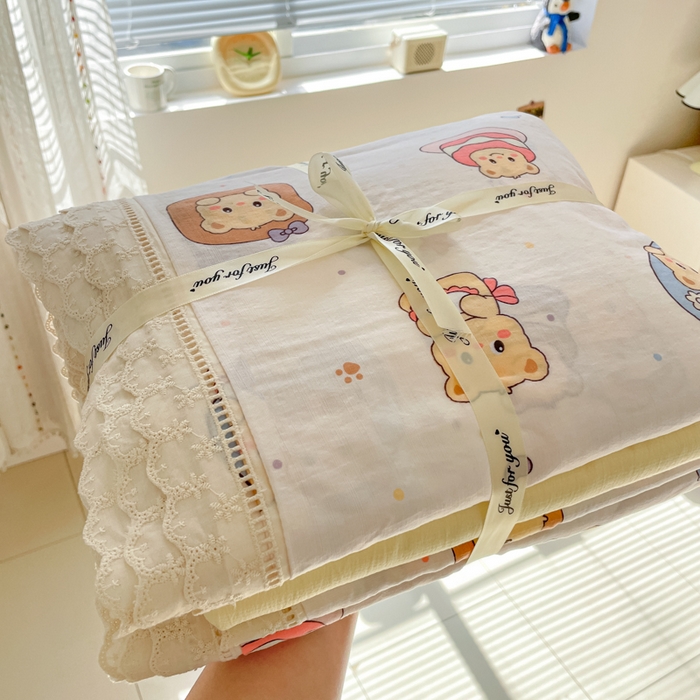 91家纺网 家纺一手货源 找家纺 玉海棠家纺 2025新款云感双层纱花边四件套 花边-小熊蛋糕