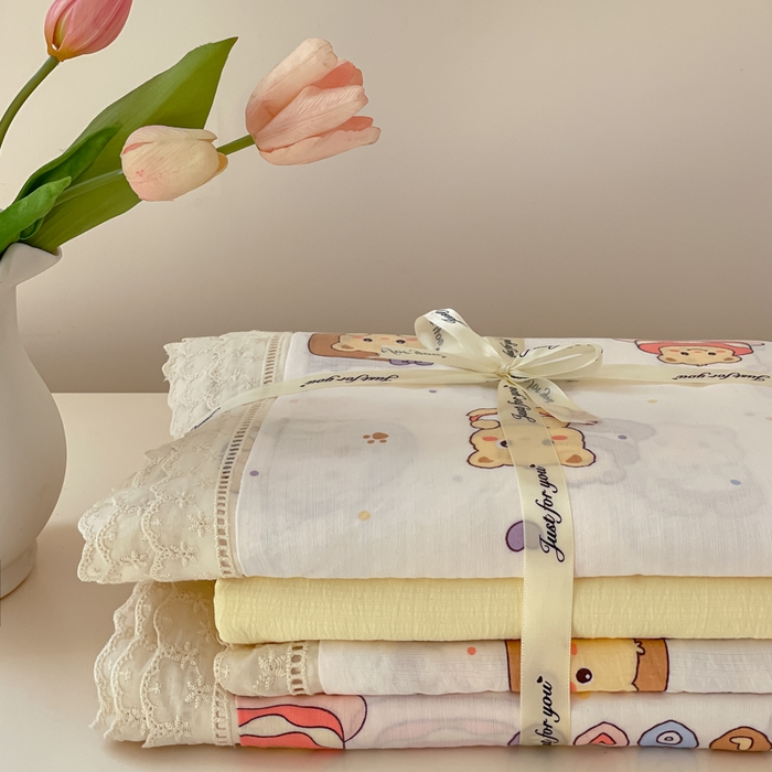 91家纺网 家纺一手货源 找家纺 玉海棠家纺 2025新款云感双层纱花边四件套 花边-小熊蛋糕