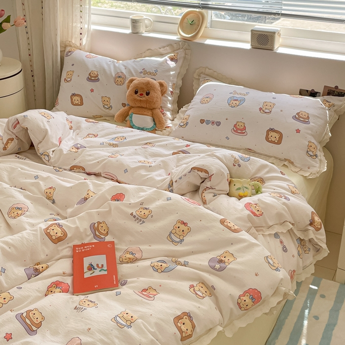 91家纺网 家纺一手货源 找家纺 玉海棠家纺 2025新款云感双层纱花边四件套 花边-小熊蛋糕