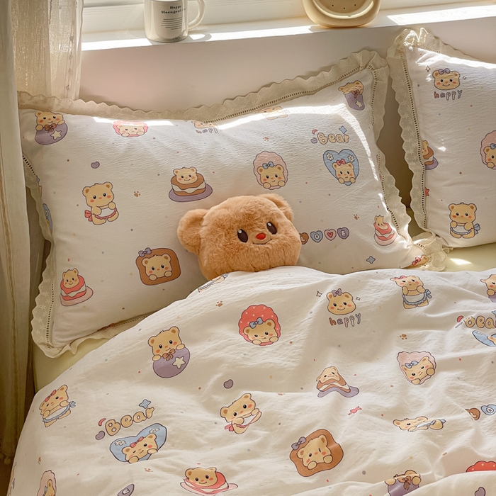 91家纺网 家纺一手货源 找家纺 玉海棠家纺 2025新款云感双层纱花边四件套 花边-小熊蛋糕