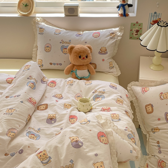 91家纺网 家纺一手货源 找家纺 玉海棠家纺 2025新款云感双层纱花边四件套 花边-小熊蛋糕