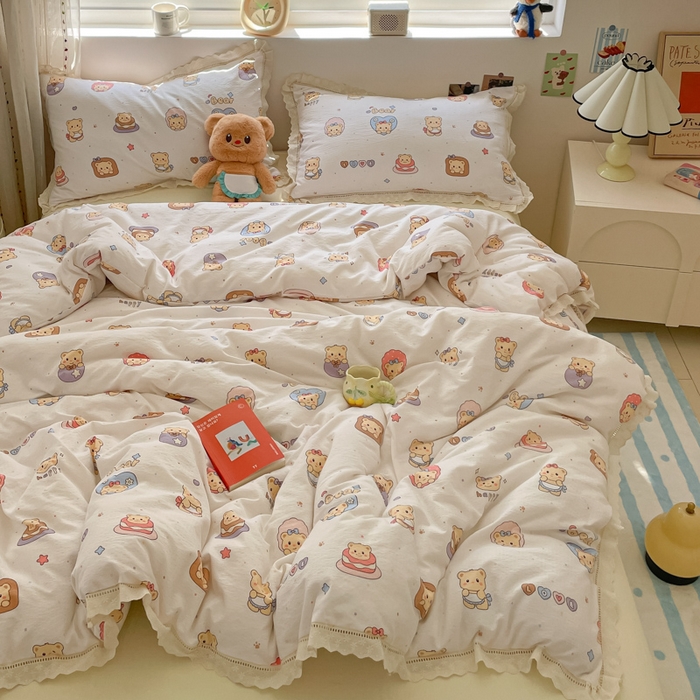 91家纺网 家纺一手货源 找家纺 玉海棠家纺 2025新款云感双层纱花边四件套 花边-小熊蛋糕