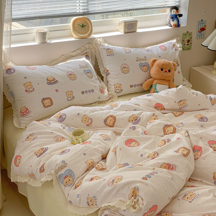 91家纺网 家纺一手货源 找家纺 玉海棠家纺 2025新款云感双层纱花边四件套 花边-小熊蛋糕