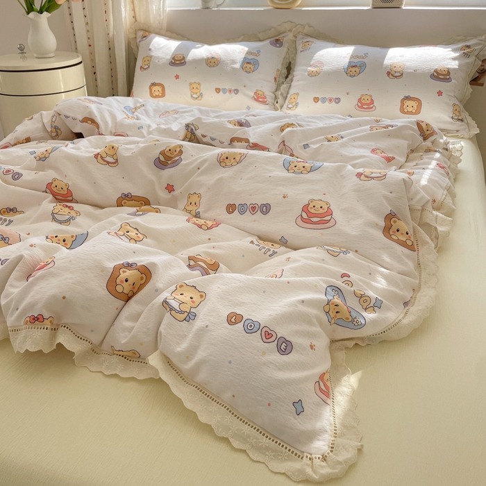 91家纺网 家纺一手货源 找家纺 玉海棠家纺 2025新款云感双层纱花边四件套 花边-小熊蛋糕