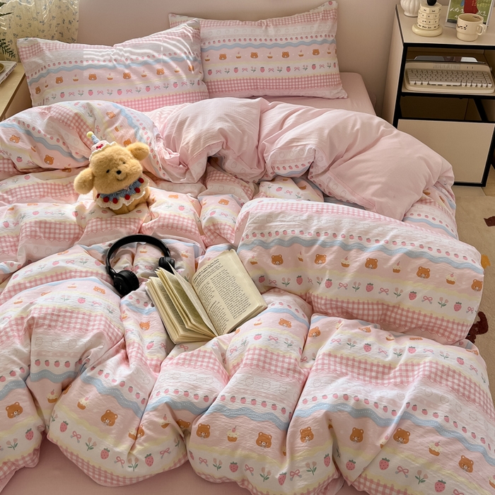 91家纺网 家纺一手货源 找家纺 （总）玉海棠家纺 2025新款云感提花双层纱印花系列四件套-场景一