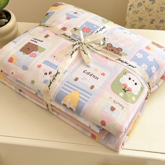 91家纺网 家纺一手货源 找家纺 （总）玉海棠家纺 2025新款云感提花双层纱印花系列四件套-场景一