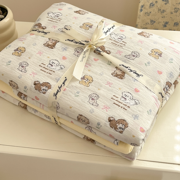 玉海棠家纺 2025新款云感提花双层纱印花系列四件套-场景一 布丁狗