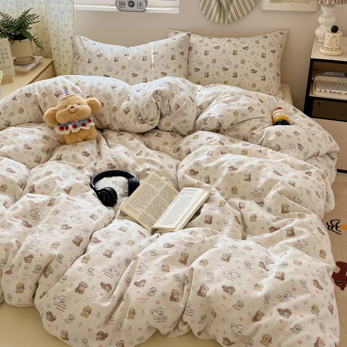 91家纺网 家纺一手货源 找家纺 玉海棠家纺 2025新款云感提花双层纱印花系列四件套-场景一 布丁狗