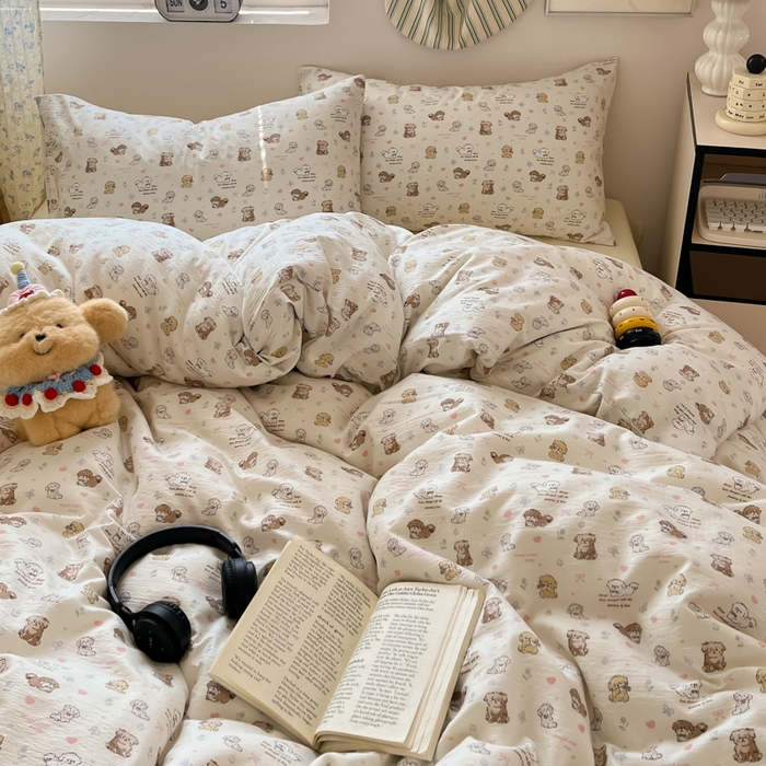 91家纺网 家纺一手货源 找家纺 玉海棠家纺 2025新款云感提花双层纱印花系列四件套-场景一 布丁狗