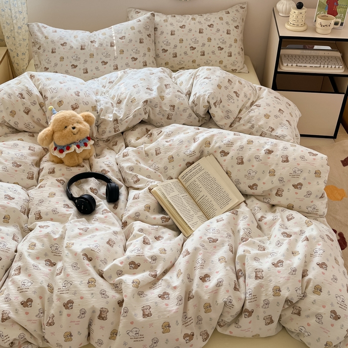 91家纺网 家纺一手货源 找家纺 玉海棠家纺 2025新款云感提花双层纱印花系列四件套-场景一 布丁狗