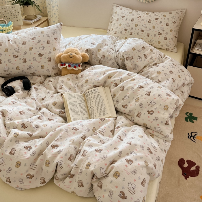 91家纺网 家纺一手货源 找家纺 玉海棠家纺 2025新款云感提花双层纱印花系列四件套-场景一 布丁狗