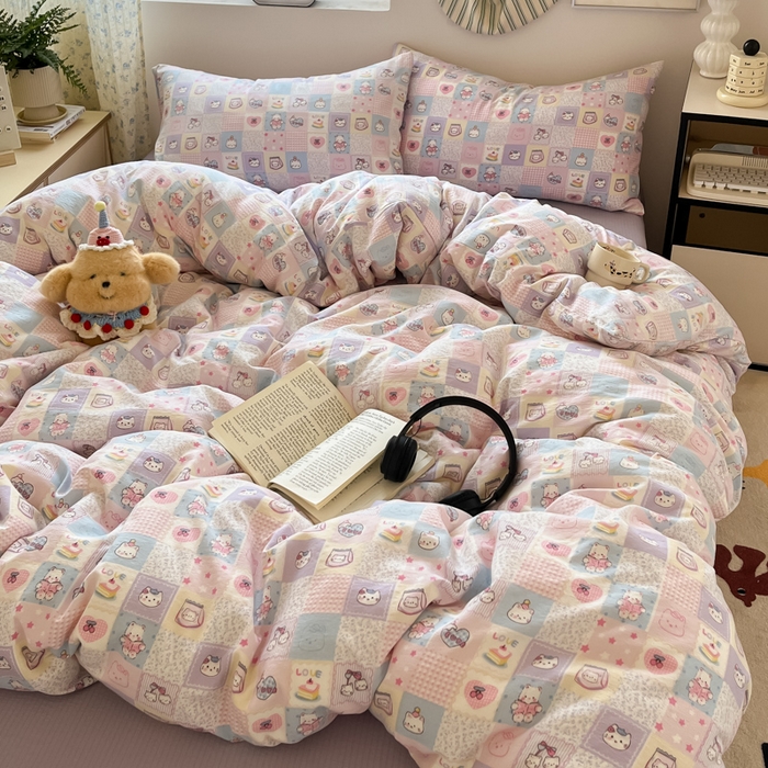 91家纺网 家纺一手货源 找家纺 玉海棠家纺 2025新款云感提花双层纱印花系列四件套-场景一 格格西高地