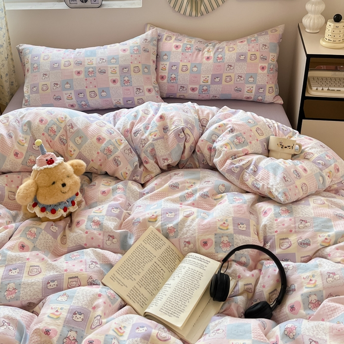 91家纺网 家纺一手货源 找家纺 玉海棠家纺 2025新款云感提花双层纱印花系列四件套-场景一 格格西高地