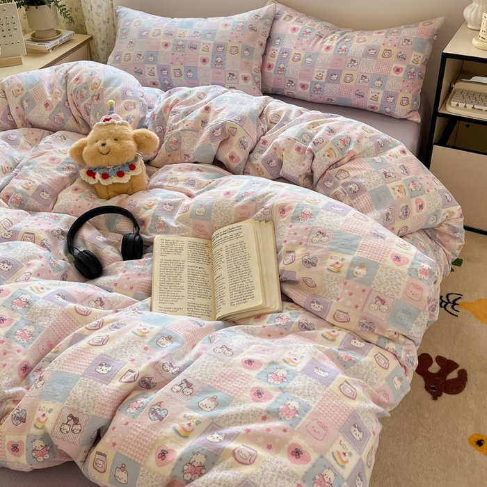 91家纺网 家纺一手货源 找家纺 玉海棠家纺 2025新款云感提花双层纱印花系列四件套-场景一 格格西高地