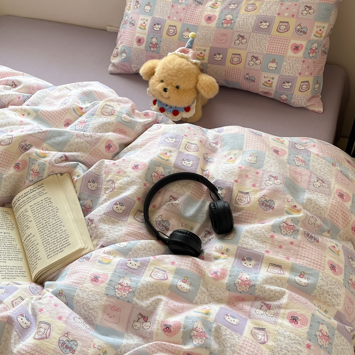 91家纺网 家纺一手货源 找家纺 玉海棠家纺 2025新款云感提花双层纱印花系列四件套-场景一 格格西高地