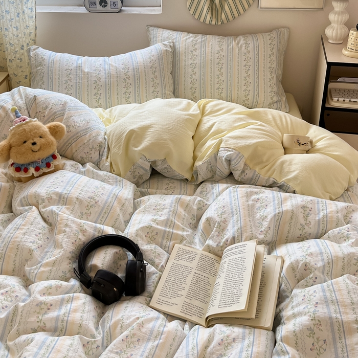 91家纺网 家纺一手货源 找家纺 玉海棠家纺 2025新款云感提花双层纱印花系列四件套-场景一 晴天