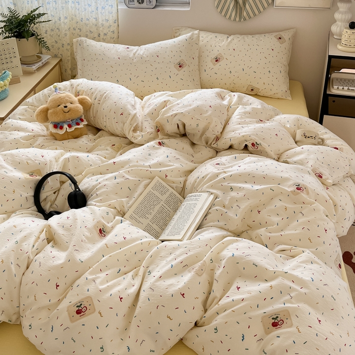 91家纺网 家纺一手货源 找家纺 玉海棠家纺 2025新款云感提花双层纱印花系列四件套-场景一 芝士奶酪