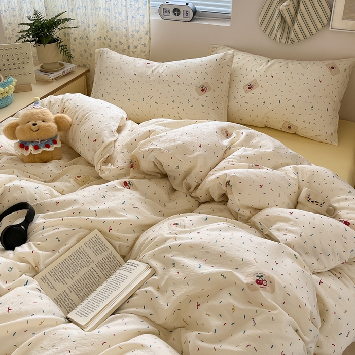 91家纺网 家纺一手货源 找家纺 玉海棠家纺 2025新款云感提花双层纱印花系列四件套-场景一 芝士奶酪