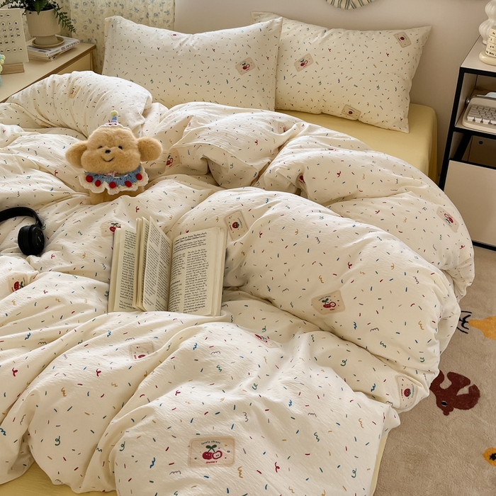 91家纺网 家纺一手货源 找家纺 玉海棠家纺 2025新款云感提花双层纱印花系列四件套-场景一 芝士奶酪