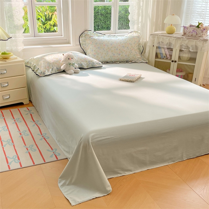 91家纺网 家纺一手货源 找家纺 梦舒羽 2025新款皱皱双层纱印花床单春日初见-绿（纯色床单）