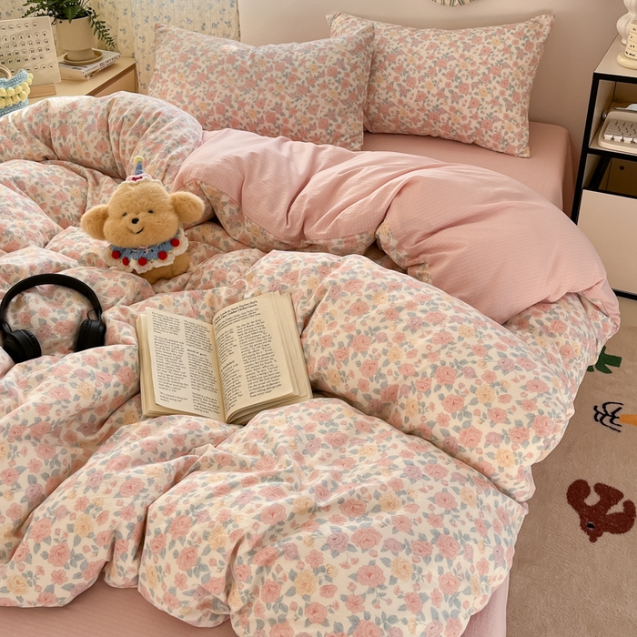 91家纺网 家纺一手货源 找家纺 玉海棠家纺 2025新款云感提花双层纱印花系列四件套-场景一 春风里