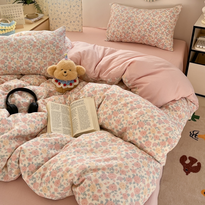 91家纺网 家纺一手货源 找家纺 玉海棠家纺 2025新款云感提花双层纱印花系列四件套-场景一 春风里