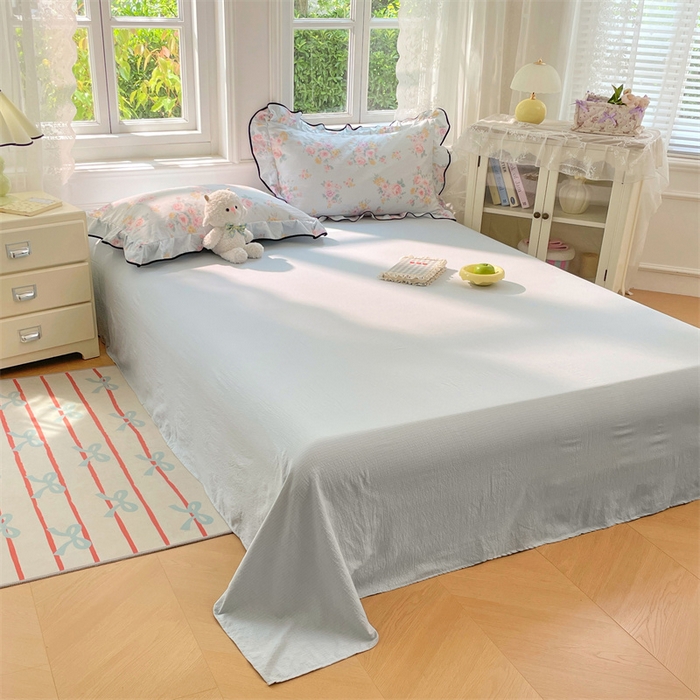 91家纺网 家纺一手货源 找家纺 梦舒羽 2025新款皱皱双层纱印花床单 繁花入梦-蓝（纯色床单）