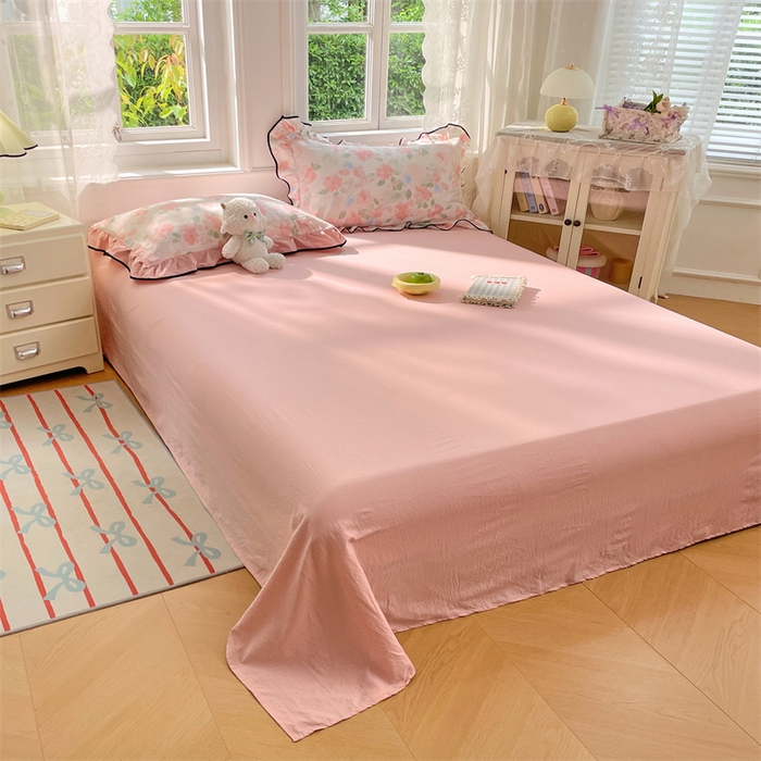 91家纺网 家纺一手货源 找家纺 梦舒羽 2025新款皱皱双层纱印花床单 倾城之恋-粉（纯色床单）