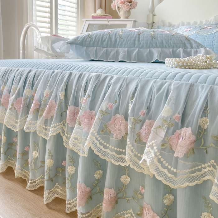 91家纺网 家纺一手货源 找家纺 恋尚 2025新款木棉蕾丝床裙单品床裙床裙单件-泡芙（控价135起） 泡芙-清新蓝