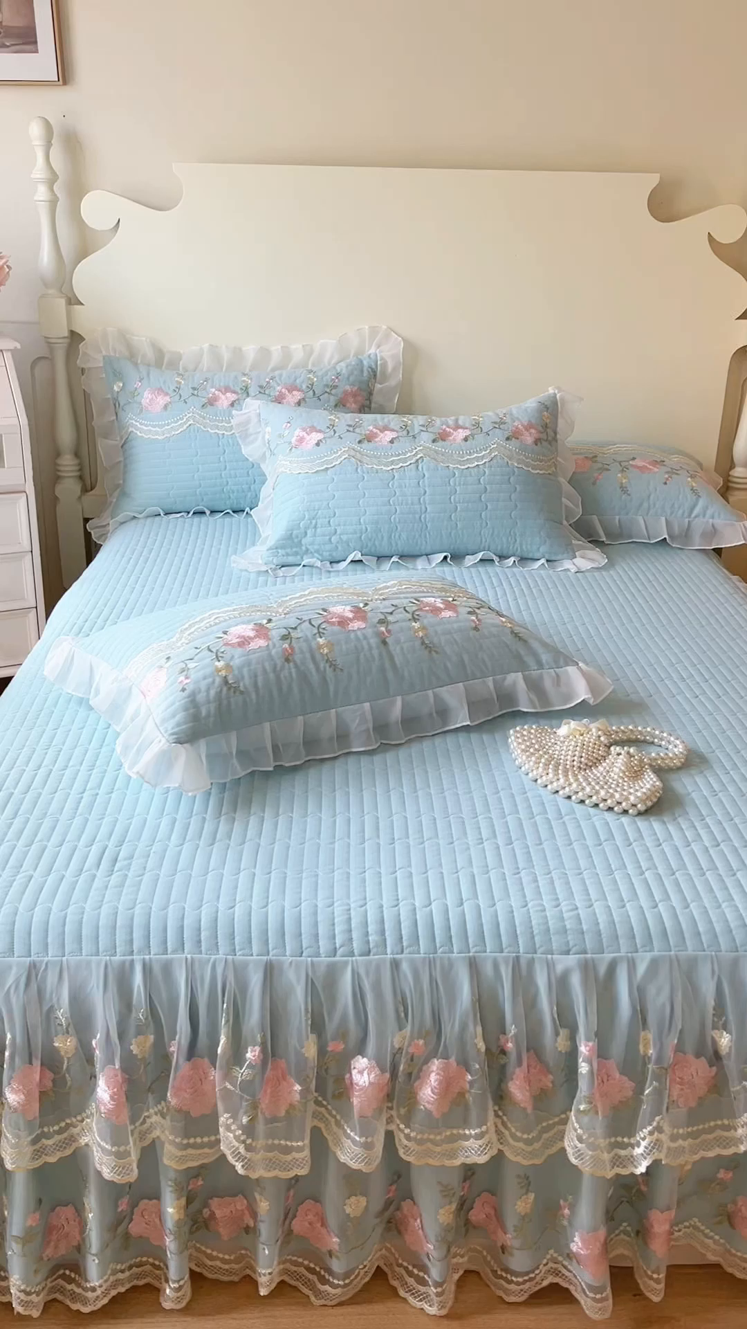 91家纺网 家纺一手货源 找家纺 恋尚 2025新款木棉蕾丝床裙单品床裙床裙单件-泡芙（控价135起） 泡芙-清新蓝