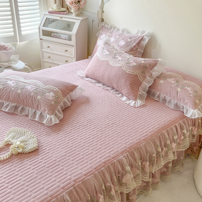 91家纺网 家纺一手货源 找家纺 恋尚 2025新款木棉蕾丝床裙四件套-泡芙 泡芙-豆沙