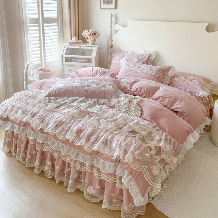 91家纺网 家纺一手货源 找家纺 恋尚 2025新款木棉蕾丝床裙四件套-泡芙 泡芙-豆沙