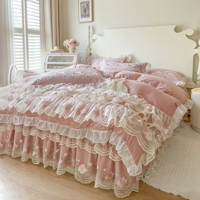 91家纺网 家纺一手货源 找家纺 恋尚 2025新款木棉蕾丝床裙四件套-泡芙 泡芙-豆沙