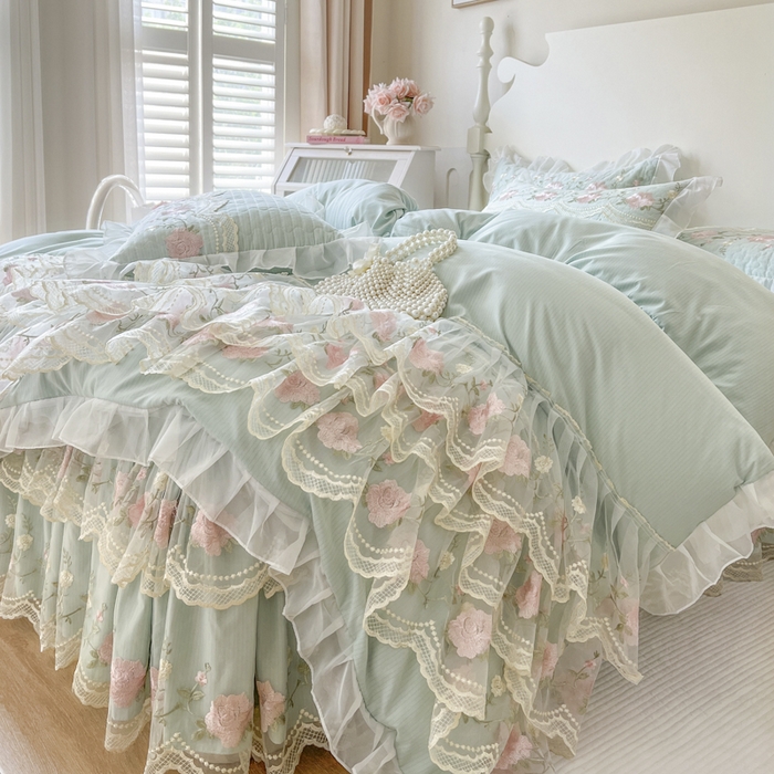 91家纺网 家纺一手货源 找家纺 恋尚 2025新款木棉蕾丝床裙四件套-泡芙 泡芙-香草绿