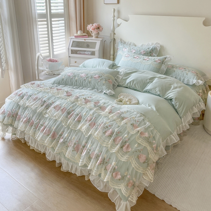 91家纺网 家纺一手货源 找家纺 恋尚 2025新款木棉蕾丝床裙四件套-泡芙 泡芙-香草绿