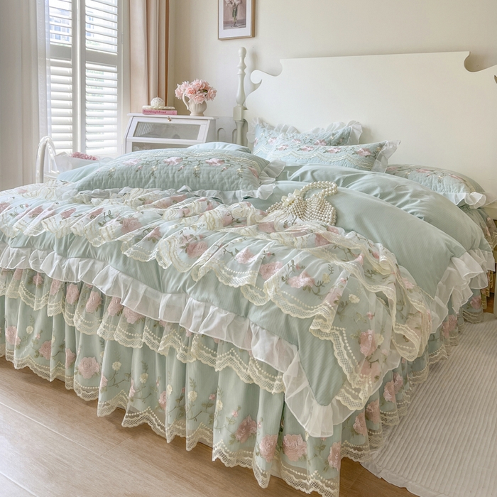 91家纺网 家纺一手货源 找家纺 恋尚 2025新款木棉蕾丝床裙四件套-泡芙 泡芙-香草绿