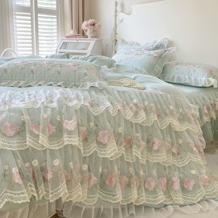 91家纺网 家纺一手货源 找家纺 恋尚 2025新款木棉蕾丝床裙四件套-泡芙 泡芙-香草绿