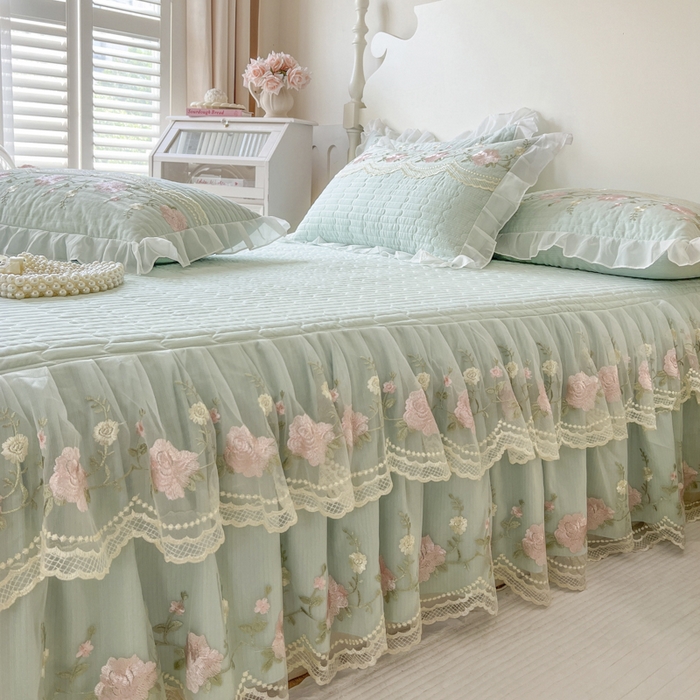 91家纺网 家纺一手货源 找家纺 恋尚 2025新款木棉蕾丝床裙四件套-泡芙 泡芙-香草绿