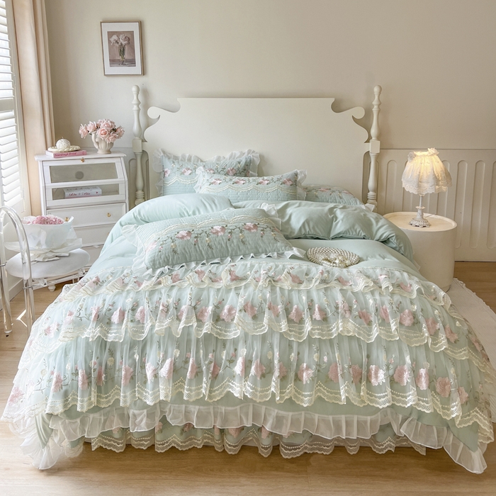 91家纺网 家纺一手货源 找家纺 恋尚 2025新款木棉蕾丝床裙四件套-泡芙 泡芙-香草绿