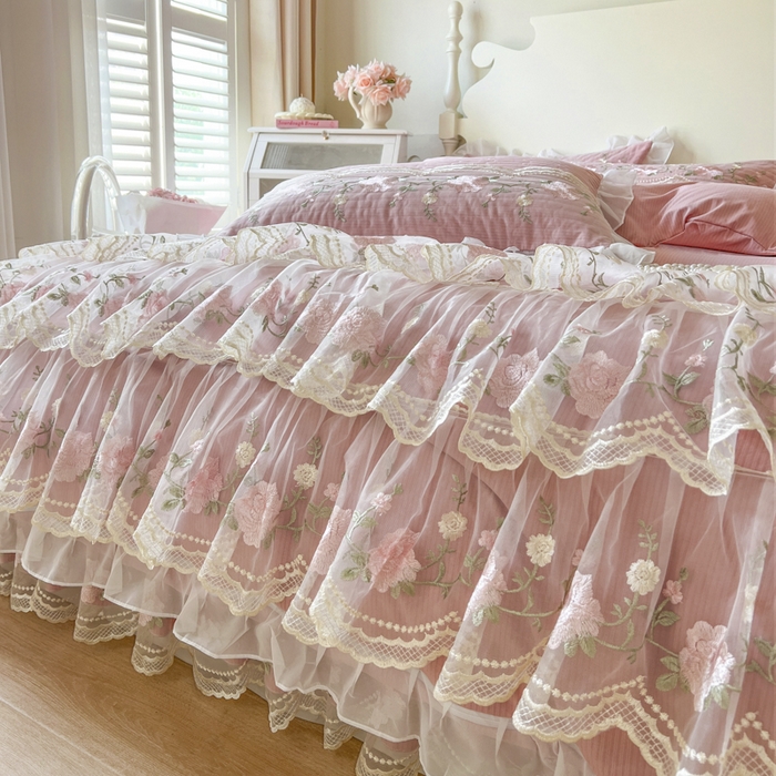 91家纺网 家纺一手货源 找家纺 恋尚 2025新款木棉蕾丝床裙四件套-泡芙 泡芙-豆沙