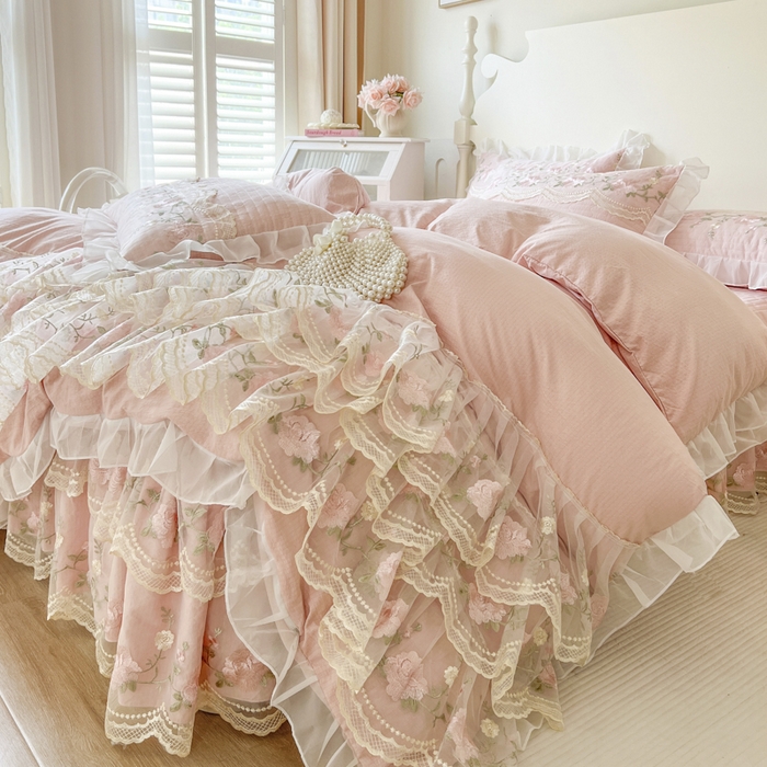 91家纺网 家纺一手货源 找家纺 恋尚 2025新款木棉蕾丝床裙四件套-泡芙 泡芙-清新玉