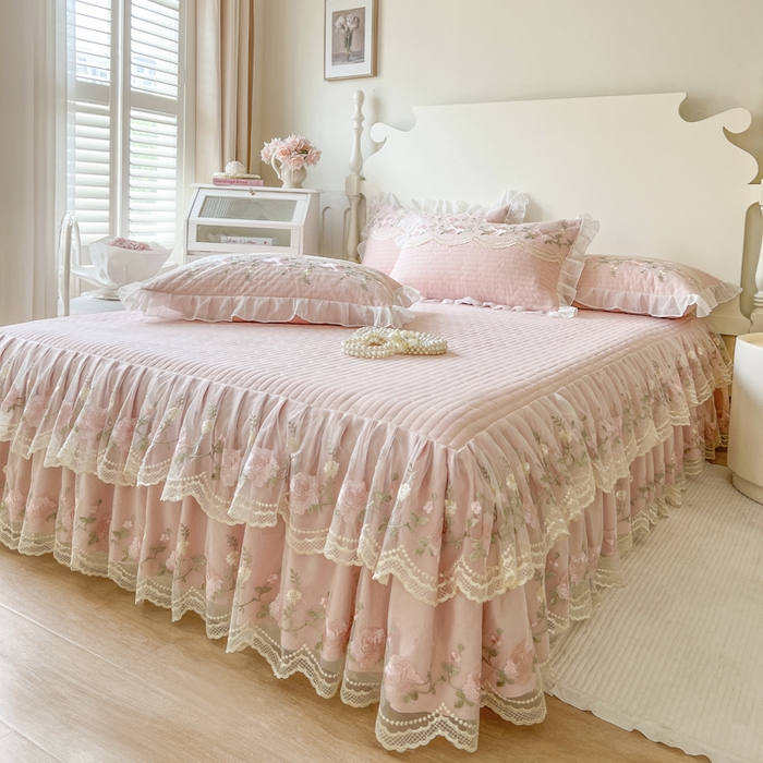 91家纺网 家纺一手货源 找家纺 恋尚 2025新款木棉蕾丝床裙四件套-泡芙 泡芙-清新玉