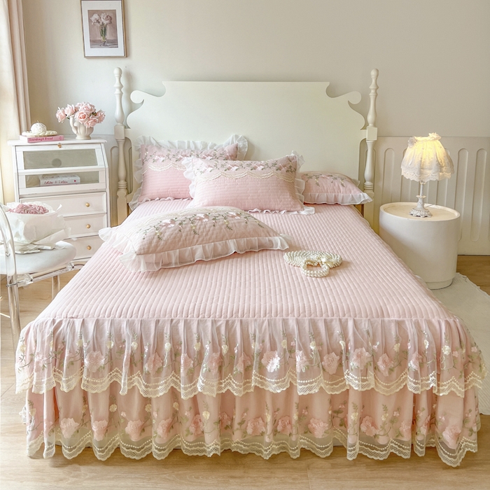 91家纺网 家纺一手货源 找家纺 恋尚 2025新款木棉蕾丝床裙四件套-泡芙 泡芙-清新玉