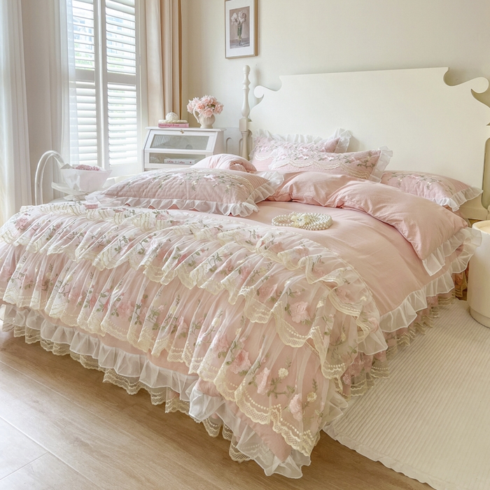 91家纺网 家纺一手货源 找家纺 恋尚 2025新款木棉蕾丝床裙四件套-泡芙 泡芙-清新玉