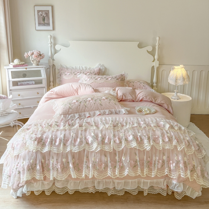 91家纺网 家纺一手货源 找家纺 恋尚 2025新款木棉蕾丝床裙四件套-泡芙 泡芙-清新玉