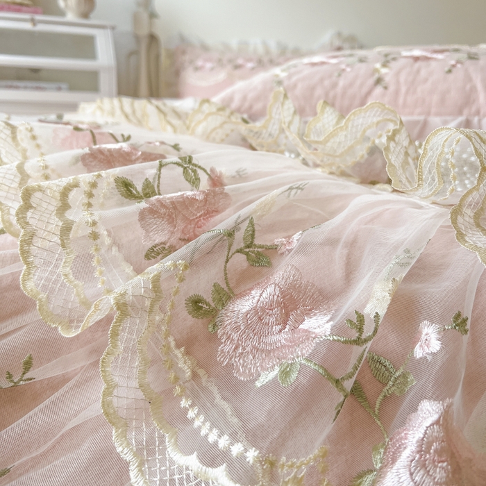 91家纺网 家纺一手货源 找家纺 恋尚 2025新款木棉蕾丝床裙四件套-泡芙 泡芙-清新玉