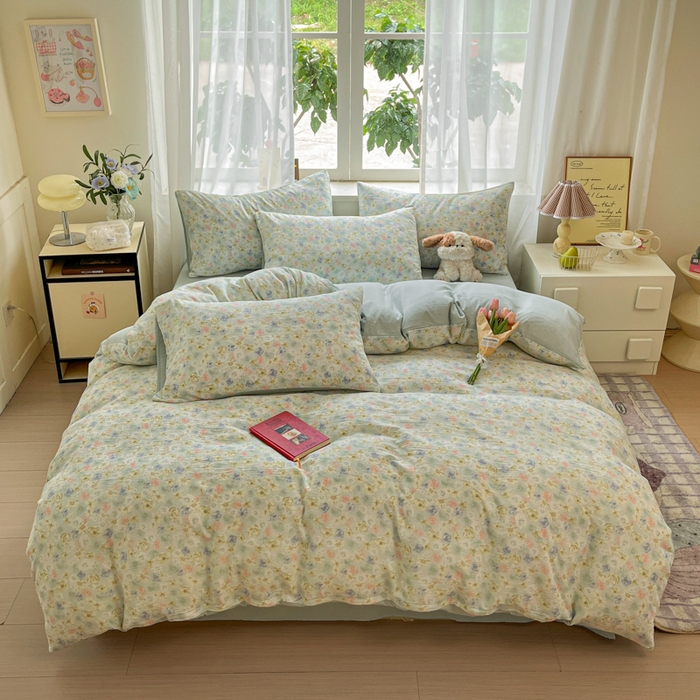 91家纺网 家纺一手货源 找家纺 （总）玉海棠家纺 2025新款云感提花双层纱印花系列四件套-场景二