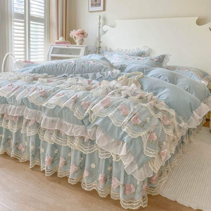 91家纺网 家纺一手货源 找家纺 恋尚 2025新款木棉蕾丝床裙四件套-泡芙 泡芙-清新蓝